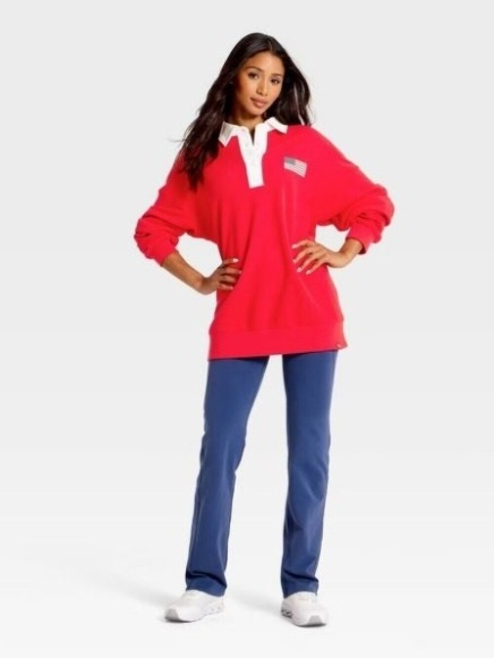 JoyLab Women's Americana French Terry Polo Sweatshirt OversizedFit, Red Size L - Picture 3 of 5